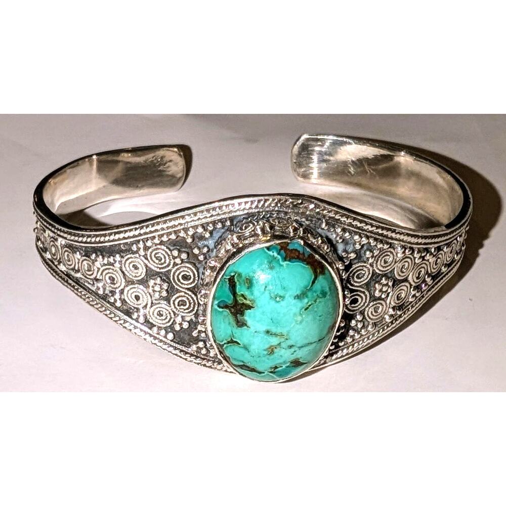 925 Sterling Silver Turquoise Ornate Floral Detailed Bangle Bracelet Southwest